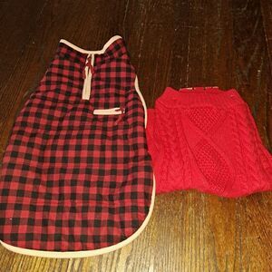 New Medium Red Knit Sweater Red Black Tan Buffalo Plaid Fleece Dog Jacket